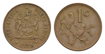 ЮАР 1 цент 1978 герб, капские воробьи KM 82 бронза 4609-1227