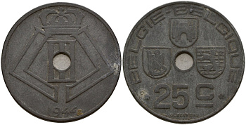 Бельгия 25 сантимов 1944 Belgie - Belgique, Леопольд III (1934-1947), германская оккупация, Вторая мировая война KM 132 цинк 4157-632