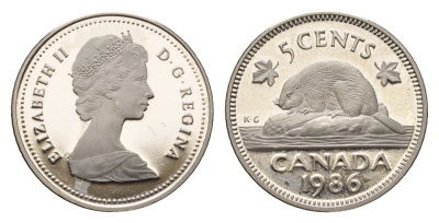 Канада 5 центов 1986 Елизавета II (1952-2022), бобр KM 60.2a никель PROOF 413-3244