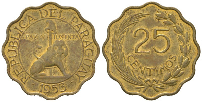 Парагвай 25 сентимо 1953 лев, фригийский колпак на шесте KM 27 алюминиевая бронза aUNC 4619-532