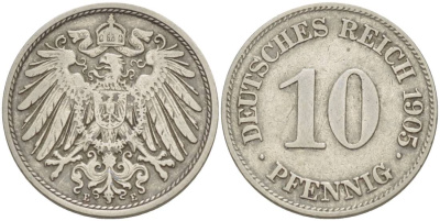 Германия 10 пфеннигов 1905 E KM 12, Jager 13, Weege 8 медно-никель 219-115