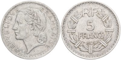 ФРАНЦИЯ 5 ФРАНКОВ 1948 OPEN 9 KM 888b.1 алюминий 189-244