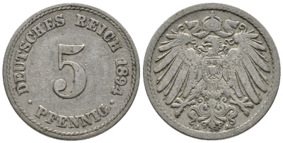 ГЕРМАНИЯ 5 ПФЕННИГОВ 1894 A KM 11, J. 12 медно-никель 39-667