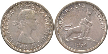 Австралия 1 флорин = 2 шиллинга 1954 Королевский визит в Австралию, Елизавета II (1952-2022), английский лев и кенгуру KM 55 серебро 81-411