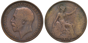 Великобритания 1 пенни 1919 Георг V (1910-1936) KM 810, Spink 4051 бронза 4123-1116
