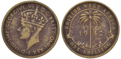Британская Западная Африка 1 шиллинг 1942 Георг VI KM 23 никель латунь 25-1624