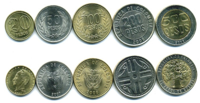 Колумбия лот из 5 монет 2007-2008 (20, 50, 100, 200, 500 песо) UNC M79-06