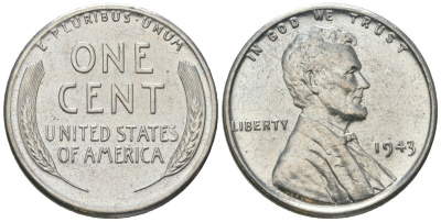 США 1 цент 1943 Авраам Линкольн KM 132 a сталь покрытая цинком aUNC 214-222