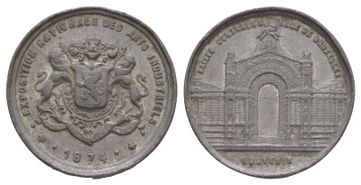 Бельгия медаль Национальная выставка промышленного искусства 1874 диаметр 32 мм, вес 10,78 гр цинк алюминий 5010-1815