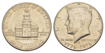 США 1/2 доллара (50 центов) 1976 D, 200 лет независимости, Джон Кеннеди KM 205 медь плакированная медно-никелем aUNC 4545-741