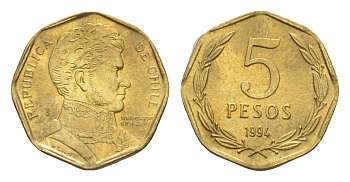 Чили 5 песо 1994 KM 232 алюминиевая бронза 4640-1055