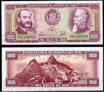 Перу 1000 солей 1975 Мигель Грау, Франсиско Болоньези, Мачу-Пикчу Pick 116 a  бумага  aUNC 451-733-3