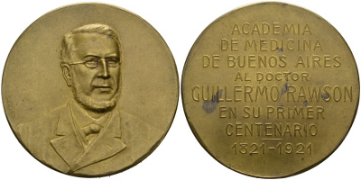 Аргентина медаль 1921 100 лет со дня рождения доктора Гильермо Роусона, основателя Медицинской Академии в Буэнос-Айресе, медальер Constante Rossi, диаметр 46,5 мм. бронза 1095-8-42
