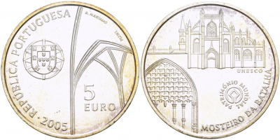 ПОРТУГАЛИЯ 5 ЕВРО 2005 ЮНЕСКО МОНАСТЫРЬ БАТАЛЬЯ KM 769 серебро UNC 06-255-45