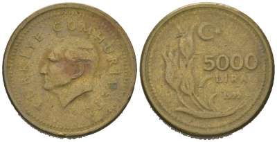 Турция 5000 лир 1995 KM 1029.1 латунь 4158-119