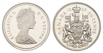Канада 50 центов 1983 Елизавета II (1952-2022), герб KM 75.3 никель PROOF 413-4833