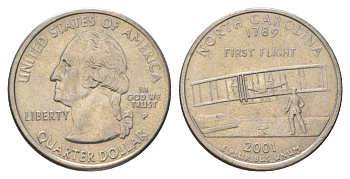 США 25 центов (квотер, 1/4 доллара) 2001 P, Квотер штата Северная Каролина KM 319 медь плакированный медно-никелем UNC 4628-1146