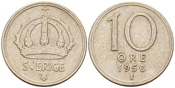 Швеция 10 эре 1950 TS, Густав V (1907-1950) KM 813 серебро 4588-527