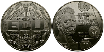 Нидерланды 10 экю 1992 король Виллем I, расширение торговли со всеми странами, диаметр 39 мм, медно-никель UNC 1077-9-24