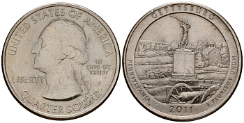 США 25 центов = квотер 2011 P, серия национальные парки, национальный парк Геттисберг KM 494 медь плакированная медно-никелем 4603-1214