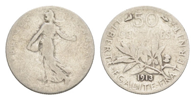 Франция 50 сантимов 1913 KM 854 серебро 4630-425