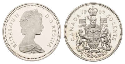 Канада 50 центов 1983 Елизавета II (1952-2022), герб KM 75.3 никель PROOF 413-4833