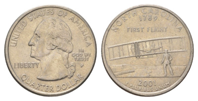 США 25 центов (квотер, 1/4 доллара) 2001 P, Квотер штата Северная Каролина KM 319 медь плакированный медно-никелем UNC 4628-1146