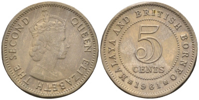 Малайя и Британское Борнео 5 центов 1961 Елизавета II (1952-2022) KM 1 медно-никель 4588-1022