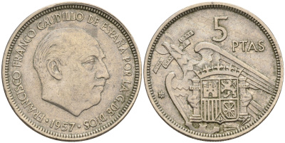 Испания 5 песет 1957 (69) Франсиско Франко (1939-1975) KM 786 медно-никель    4143-157