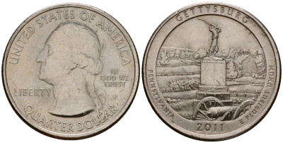 США 25 центов = квотер 2011 P, серия национальные парки, национальный парк Геттисберг KM 494 медь плакированная медно-никелем 4603-1214