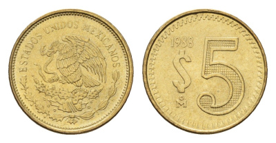 Мексика 5 песо 1988 KM 502 латунь UNC 4596-152