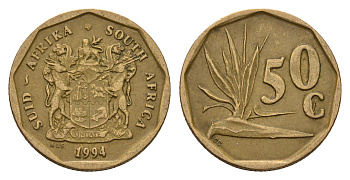 ЮАР 50 центов 1994 Зантедеския Эллиота (калла), герб KM 137 сталь плакированная бронзой 3336-232