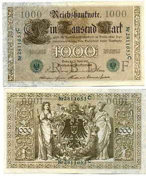 ГЕРМАНИЯ 1000 МАРОК 1910 21 АПРЕЛЯ 1910, ЗЕЛЁНАЯ ПЕЧАТЬ, СЕМИЗНАЧНЫЙ НОМЕР Pick 45b бумага 7198-31-1-1