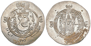 Аббасидский Халифат 1/2 дирхема 771 - 791 Табаристан, голова правителя/два огнепоклонника, extremely fine серебро 1073-18-43