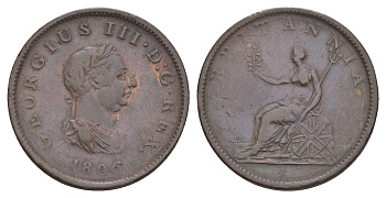 Великобритания 1/2 пенни 1806 Георг III (1760-1820) KM 662, Spink 3781 бронза 4657-616
