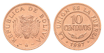 Боливия 10 сентаво 1997 год-тип KM 202a сталь плакированная медью UNC 4655-334