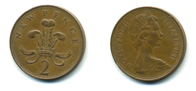 Великобритания 2 пенса 1971 Елизавета II (1952-2022) KM 916, Spink 4235 (C1) бронза 540-411
