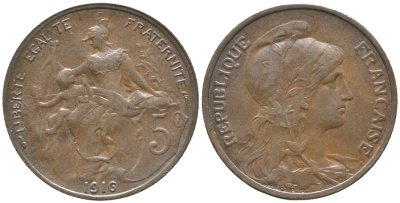 ФРАНЦИЯ 5 САНТИМОВ 1916 ТИП ДАНИЭЛЬ ДЮПЮИ KM 842, LE FRANC 119.28 бронза 34-445