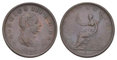 Великобритания 1/2 пенни 1806 Георг III (1760-1820) KM 662, Spink 3781 бронза 4657-616