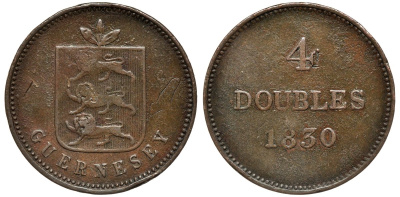 Гернси 4 дабла (дубля) 1830 KM 2 медь 4557-1213