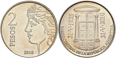 Аргентина 2 песо 2010 75 лет Центральному Банку KM 162 медно-никель UNC 08-746