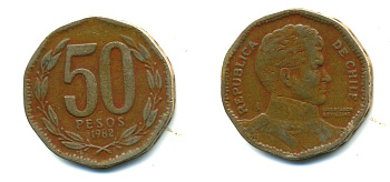 Чили 50 песо 1982 Бернардо О’Хиггинс KM 219.1 алюминиевая бронза 37-1242