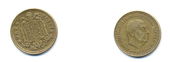 ИСПАНИЯ 1 ПЕСЕТА 1963 (66) ФРАНСИСКО ФРАНКО ДИКТАТОР ИСПАНИИ (1939-1975) KM 775 алюминиевая бронза 54-434