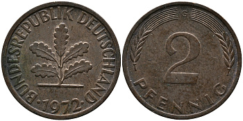 ФРГ 2 пфеннига 1972 G KM 106а, J.381а сталь плакированная медью 99-215