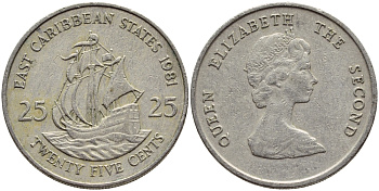 Восточно-Карибские штаты 25 центов 1981 Елизавета II (1952-2022), парусник KM 14 медно-никель 87-812