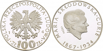 Польша 100 злотых 1974 MW, 40 лет со дня смерти Марии Склодовской-Кюри (1867-1934), пробный выпуск (PROBA) KM Pr 244, Parchimowicz 357а серебро PROOF 1082-1-15