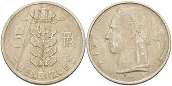 БЕЛЬГИЯ 5 ФРАНКОВ 1971 BELGIQUE, БОДУЭН I (1951-1993) KM 134.1 медно-никель 213-612