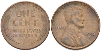 США 1 ЦЕНТ 1956 D, ЛИНКОЛЬН KM А132 медь цинк 218-264