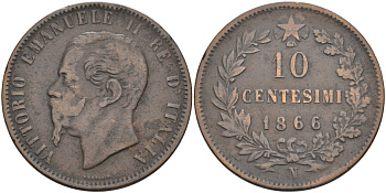 Италия 10 чентезимо 1866 N, ВИКТОР ЭММАНУИЛ II (1861-1878), монетный двор НЕАПОЛЬ KM 11.4 медь 4572-324