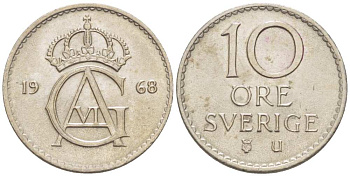 Швеция 10 эре 1968 U, Густав VI Адольф (1950-1973) KM 835 медно-никель 4516-441
